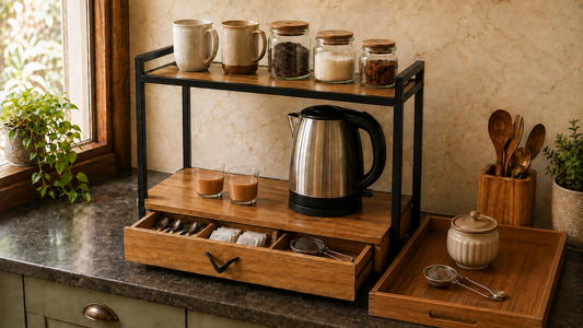 Tea and coffee station in an Indian kitchen with microwave rack, wooden tray, storage jars and mugs