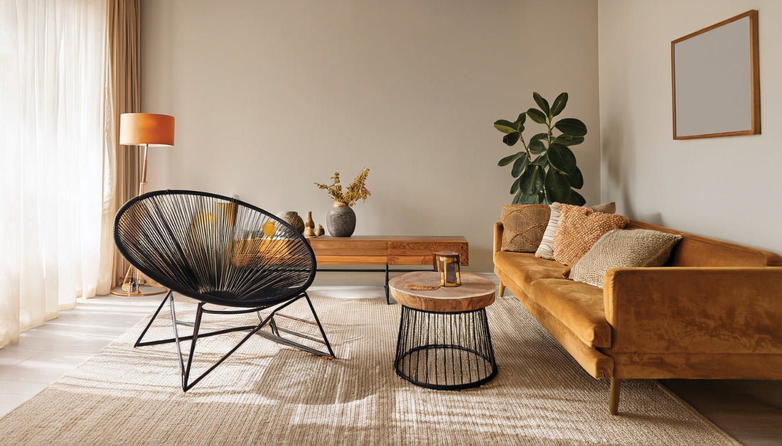 Warm minimalist Indian living room with wrought iron lounge chair, round coffee table, ottoman stool, wooden tray with brass jar and terracotta plant — warm minimalism home decor India 2026 by Sinecraft Creations