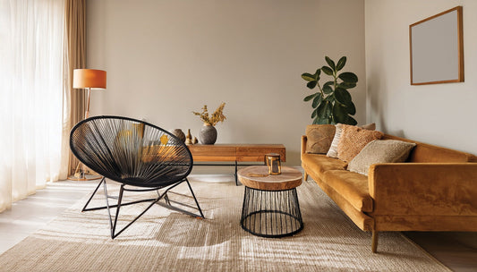 Warm minimalist Indian living room with wrought iron lounge chair, round coffee table, ottoman stool, wooden tray with brass jar and terracotta plant — warm minimalism home decor India 2026 by Sinecraft Creations