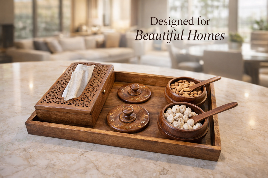 Elegant wooden serving tray combo set on marble table featuring carved tissue box, snack bowls and lids in a warm modern living room, designed for beautiful homes.