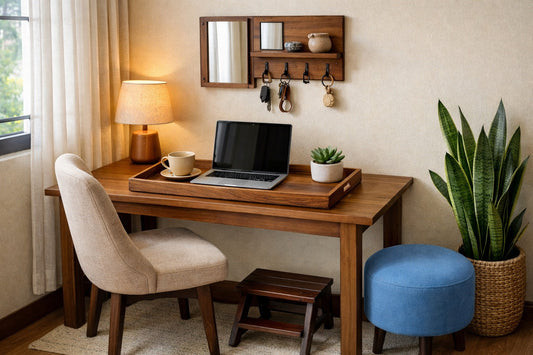 Work-from-home corner with wooden desk, serving tray, wall key holder, foldable step stool and blue ottoman stool in a compact modern apartment