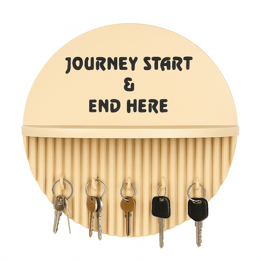10 Inch Modern Beige Key Holder with Quote “Journey Start” – 5 Hooks & Storage Shelf | Fireproof Wall Organizer