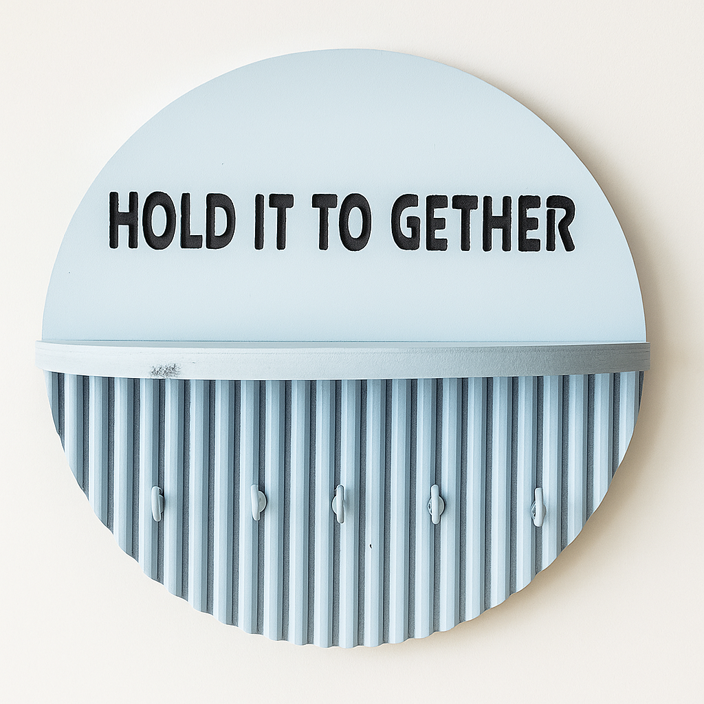 10 Inch Modern Light Blue Key Holder with Quote “Hold it Together” – 5 Hooks & Storage Shelf | Fireproof Wooden Wall Organizer