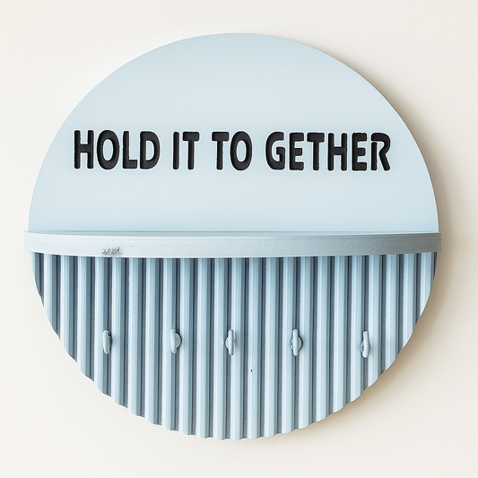 10 Inch Modern Light Blue Key Holder with Quote “Hold it Together” – 5 Hooks & Storage Shelf | Fireproof Wooden Wall Organizer