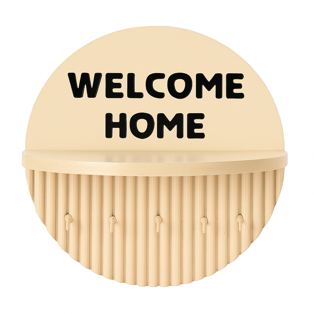 10 Inch Modern Ivory Key Holder with Quote “Welcome Home” – 5 Hooks & Storage Shelf | Fireproof Wooden Wall Organizer