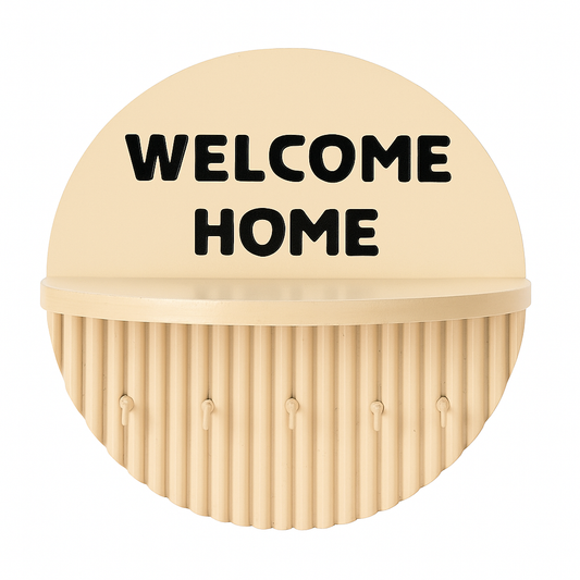 10 Inch Modern Ivory Key Holder with Quote “Welcome Home” – 5 Hooks & Storage Shelf | Fireproof Wooden Wall Organizer