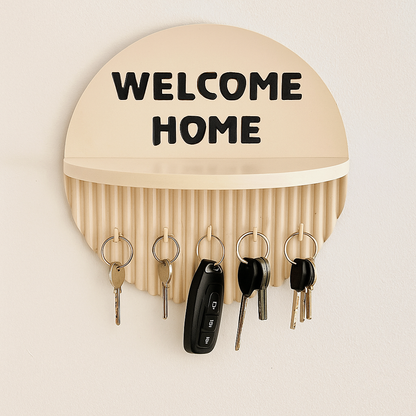 10 Inch Modern Ivory Key Holder with Quote “Welcome Home” – 5 Hooks & Storage Shelf | Fireproof Wooden Wall Organizer