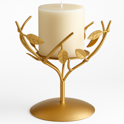 Sinecraft Creations Golden Leaf Pillar Candle Stand – Festive Gold (Stand Only 5 Inches)