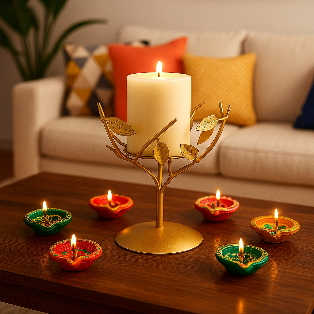 Sinecraft Creations Golden Leaf Pillar Candle Stand – Festive Gold (Stand Only 5 Inches)