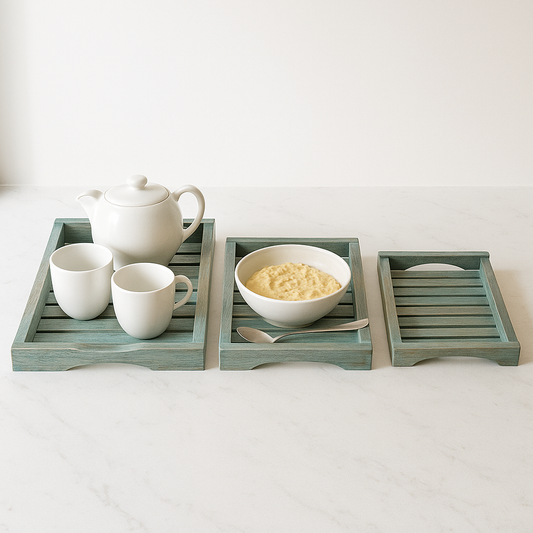 Premium Set of 3 Wooden Serving Trays – Elegant Multipurpose Trays for Kitchen & Dining – Aqua Green