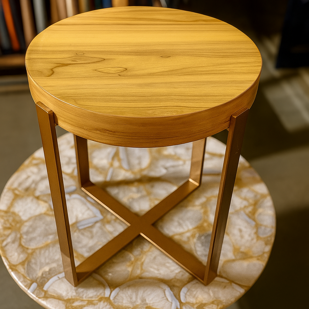Sinecraft Creations Round Wooden-Top Coffee (Natural Teak Color) Table with High-Gloss Gold Iron(18 Inches" Height)