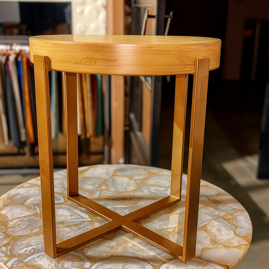 Sinecraft Creations Round Wooden-Top Coffee (Natural Teak Color) Table with High-Gloss Gold Iron(18 Inches" Height)