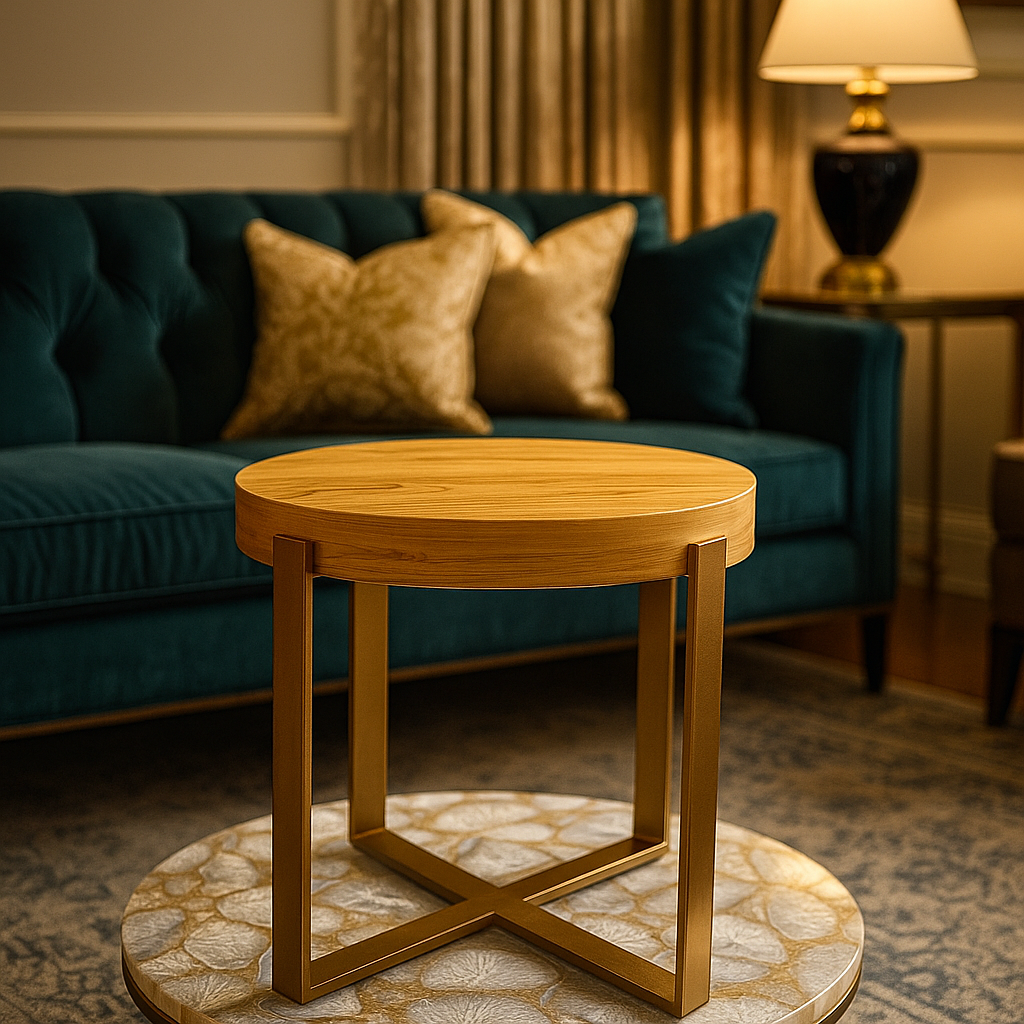 Sinecraft Creations Round Wooden-Top Coffee (Natural Teak Color) Table with High-Gloss Gold Iron(18 Inches" Height)