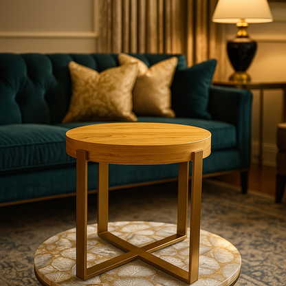 Sinecraft Creations Round Wooden-Top Coffee (Natural Teak Color) Table with High-Gloss Gold Iron(18 Inches" Height)