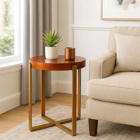 Sinecraft Creations Mahogany Red Round Coffee Table with Gold Wrought-Iron Base (18 Inches)