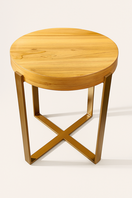 Sinecraft Creations Round Wooden-Top Coffee (Natural Teak Color) Table with High-Gloss Gold Iron(18 Inches" Height)