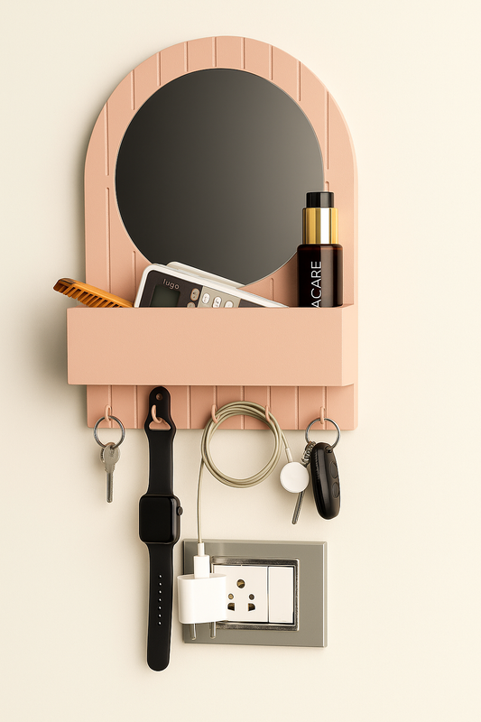 10 Inch Modern Key Holder with Mirror – 5 Hooks & Storage Shelf, Fireproof & Waterproof Deco Finish(Ivory Color)