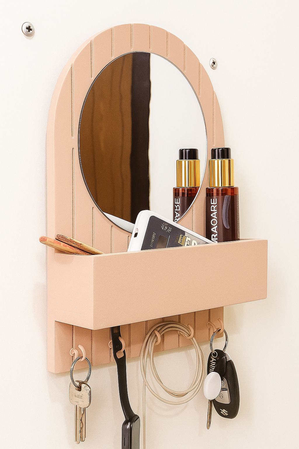 10 Inch Modern Key Holder with Mirror – 5 Hooks & Storage Shelf, Fireproof & Waterproof Deco Finish(Ivory Color)