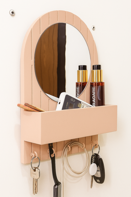 10 Inch Modern Key Holder with Mirror – 5 Hooks & Storage Shelf, Fireproof & Waterproof Deco Finish(Ivory Color)