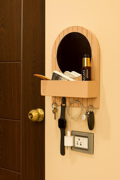 10 Inch Modern Key Holder with Mirror – 5 Hooks & Storage Shelf, Fireproof & Waterproof Deco Finish(Ivory Color)