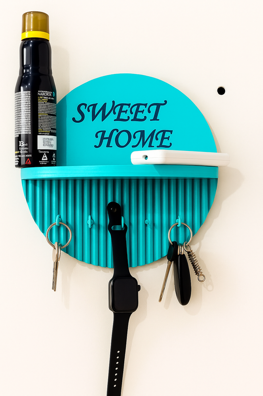10 Inch Aqua Blue Modern Key Holder – 5 Hooks & Utility Shelf | Fireproof Solid Build