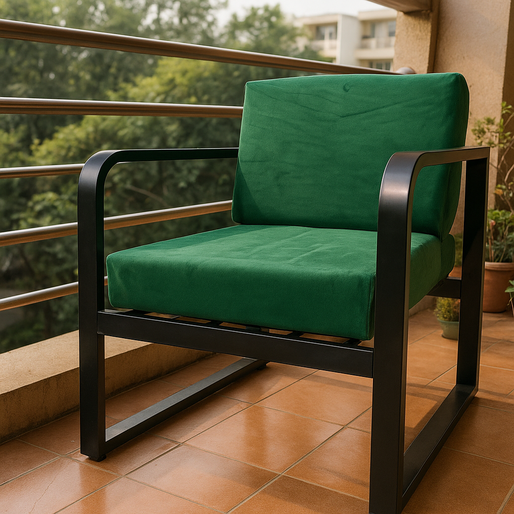 Handcrafted Wrought Iron Chair with Teal Green Cushions – Powder-Coated Premium Finish