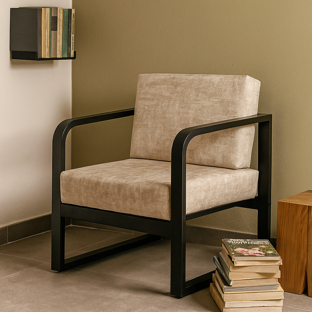 Handcrafted Wrought Iron Chair with Cream Textured Cushion– Powder-Coated Premium Finish