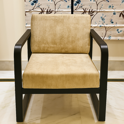 Handcrafted Wrought Iron Chair with Cream Textured Cushion– Powder-Coated Premium Finish