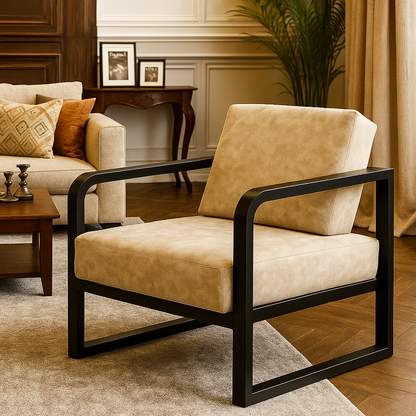 Handcrafted Wrought Iron Chair with Cream Textured Cushion– Powder-Coated Premium Finish