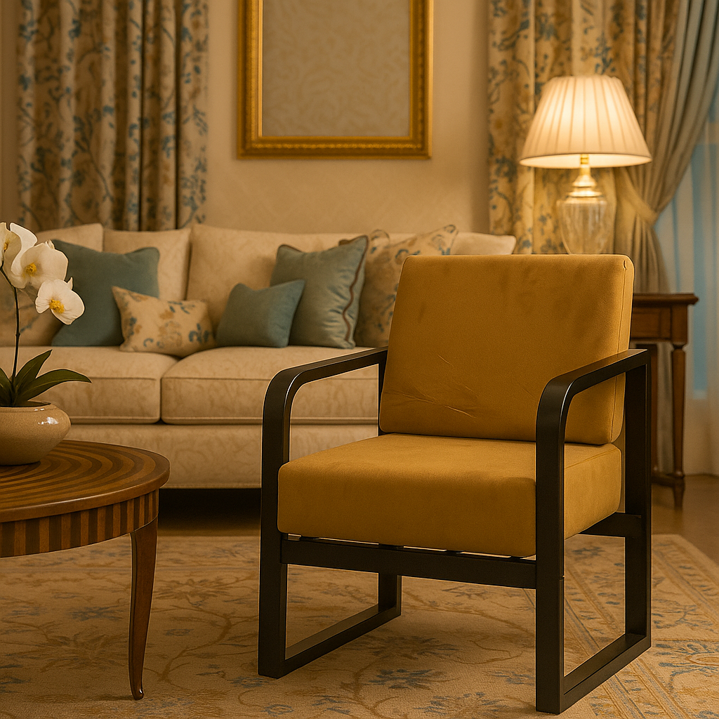 Handcrafted Wrought Iron Chair with Camel Brown Cushion | Powder-Coated Premium Finish