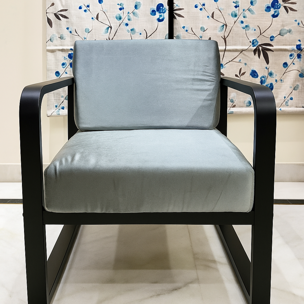 Handcrafted Wrought Iron Chair with Silver Grey Cushion | Powder-Coated Premium Finish