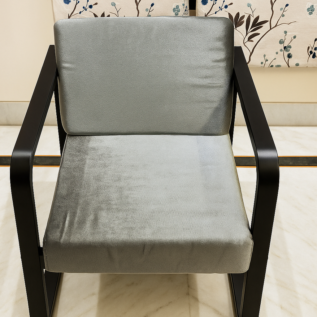 Handcrafted Wrought Iron Chair with Silver Grey Cushion | Powder-Coated Premium Finish