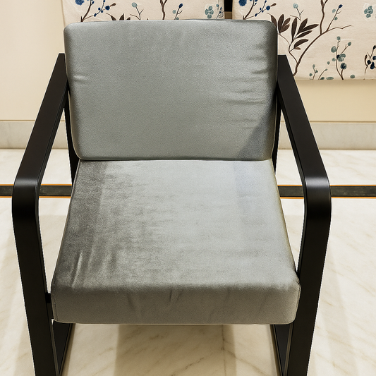Handcrafted Wrought Iron Chair with Silver Grey Cushion | Powder-Coated Premium Finish