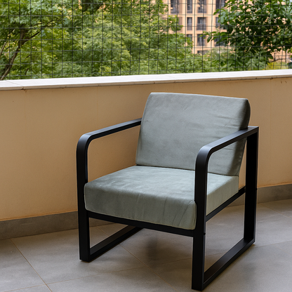 Handcrafted Wrought Iron Chair with Silver Grey Cushion | Powder-Coated Premium Finish