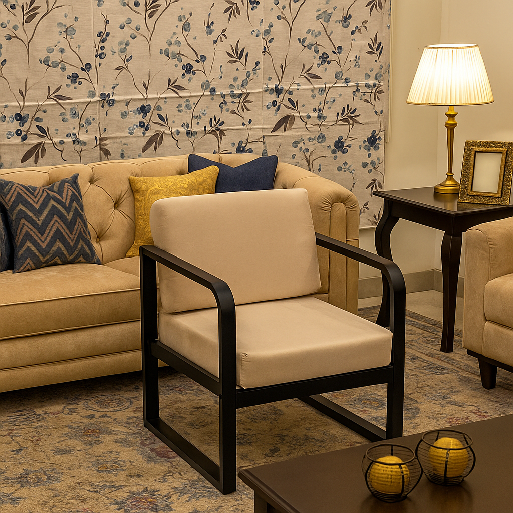 Handcrafted Wrought Iron Chair with Ivory Beige Cushion | Powder-Coated Premium Finish