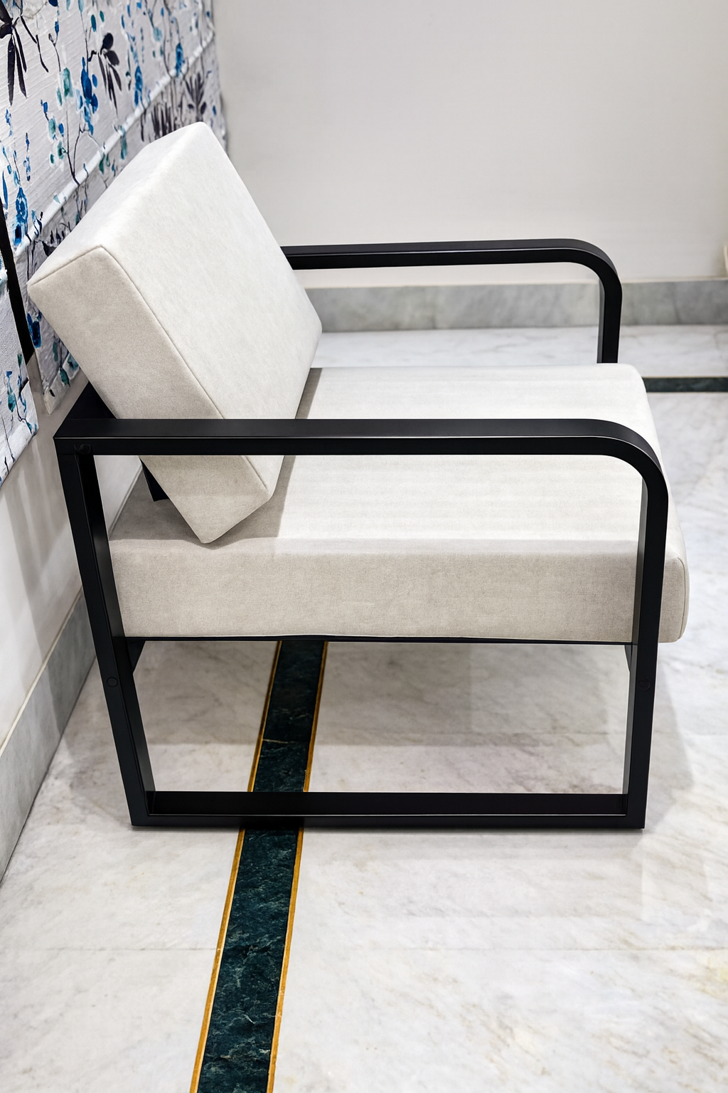 Handcrafted Wrought Iron Chair with Ivory Stone Cushions – Powder-Coated Premium Finish