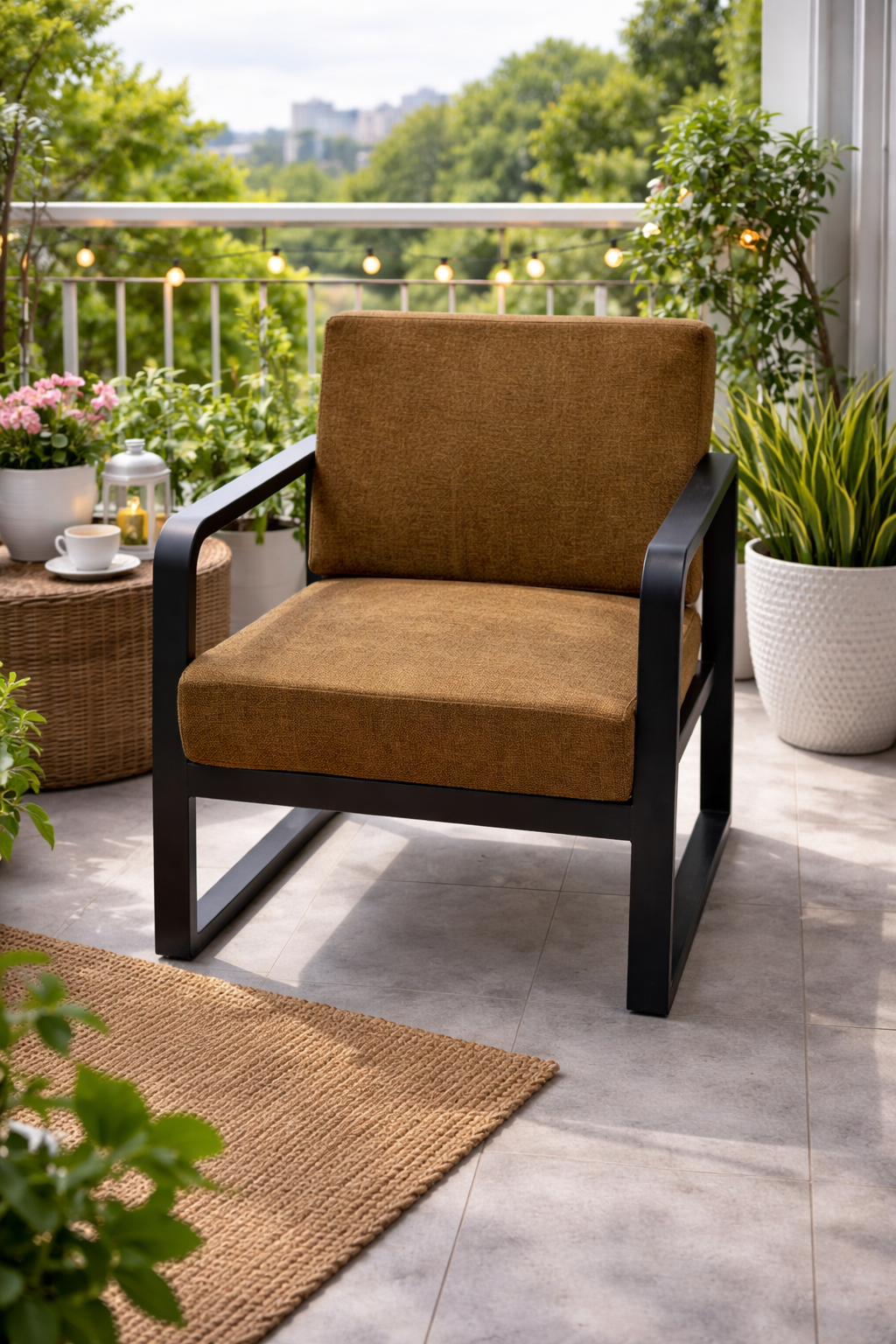 Handcrafted Wrought Iron Chair with Wood Mocha Brown Cushions – Powder-Coated Premium Finish