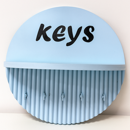 10 Inch Modern Light Blue Key Holder with Quote “Keys” – 5 Hooks & Storage Shelf | Fireproof Wooden Wall Organizer
