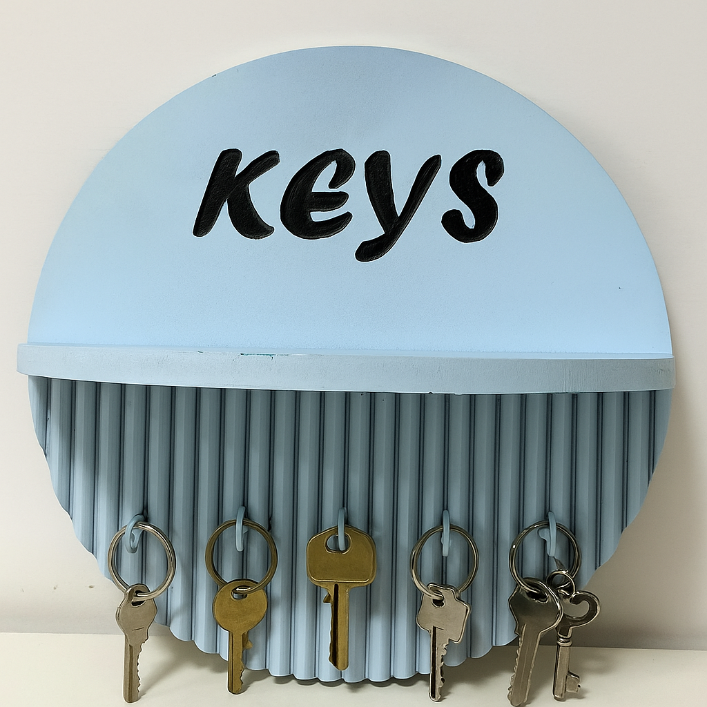 10 Inch Modern Light Blue Key Holder with Quote “Keys” – 5 Hooks & Storage Shelf | Fireproof Wooden Wall Organizer