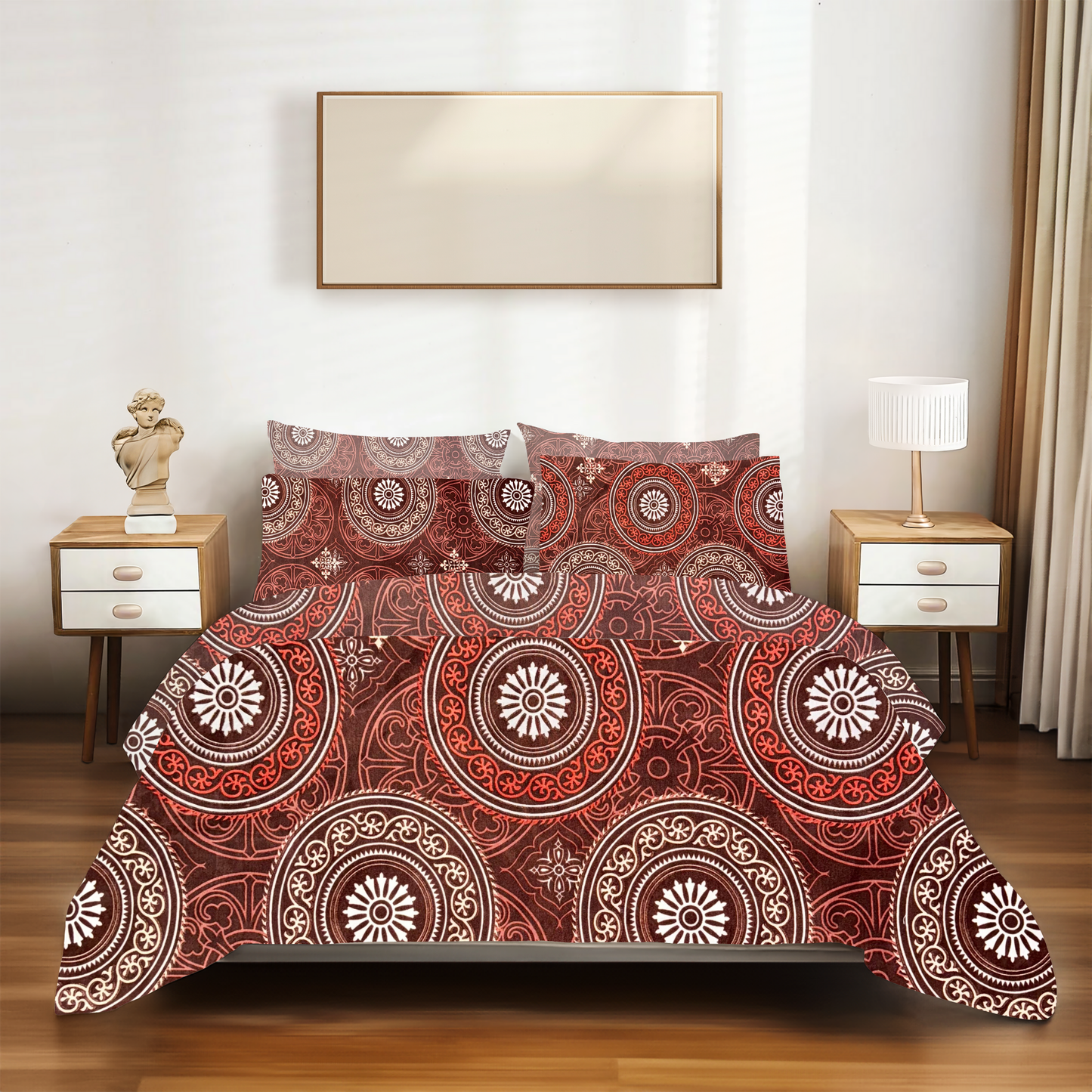 SineCRAFT Creations Double Bed Bedsheets 90X100 Inches 240 TC Glace Cotton King Size with 2 Pillow Covers(Red Geometrical Circles)