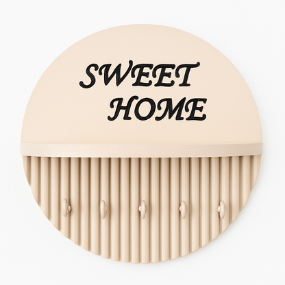 10 Inch Modern Ivory Key Holder with Quote “Sweet Home” – 5 Hooks & Storage Shelf | Fireproof Wooden Wall Organizer