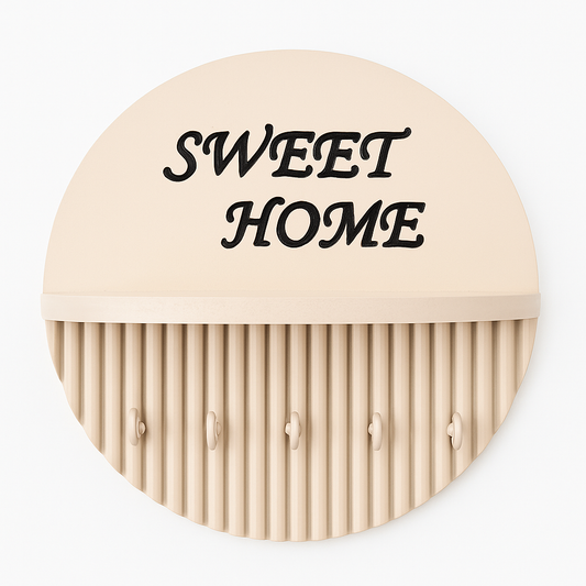 10 Inch Modern Ivory Key Holder with Quote “Sweet Home” – 5 Hooks & Storage Shelf | Fireproof Wooden Wall Organizer