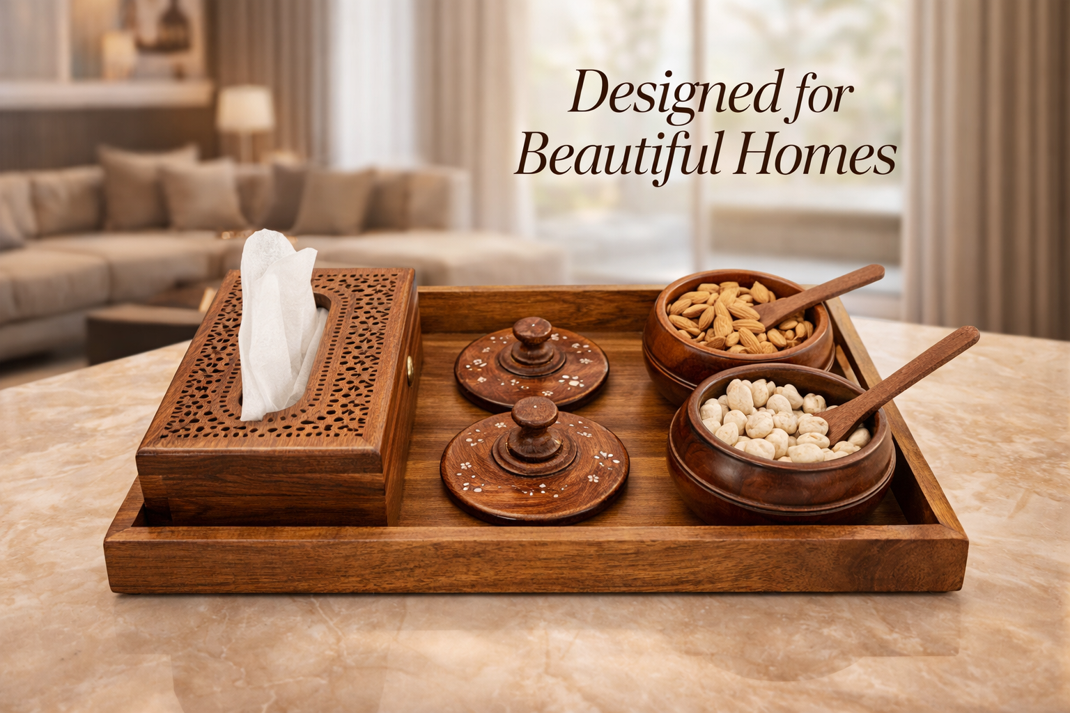 Wooden serving tray combo set banner with elegant home décor background and text Designed for Beautiful Homes.