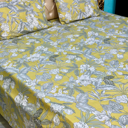 SineCRAFT Creations Super King Size 108X108 Inches Super Soft Glace Cotton Double Bed Bedsheet with 2 Pillow Covers - Olive Green Floral