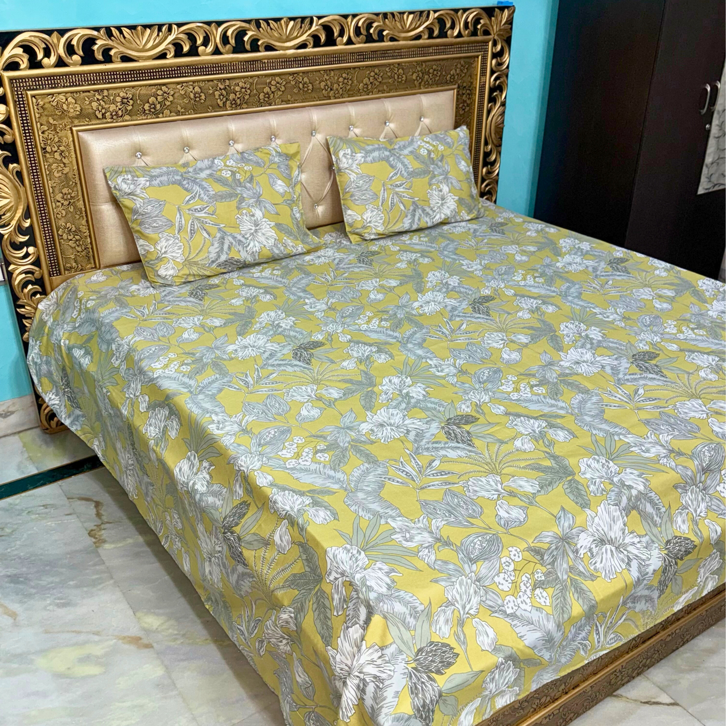 SineCRAFT Creations Super King Size 108X108 Inches Super Soft Glace Cotton Double Bed Bedsheet with 2 Pillow Covers - Olive Green Floral