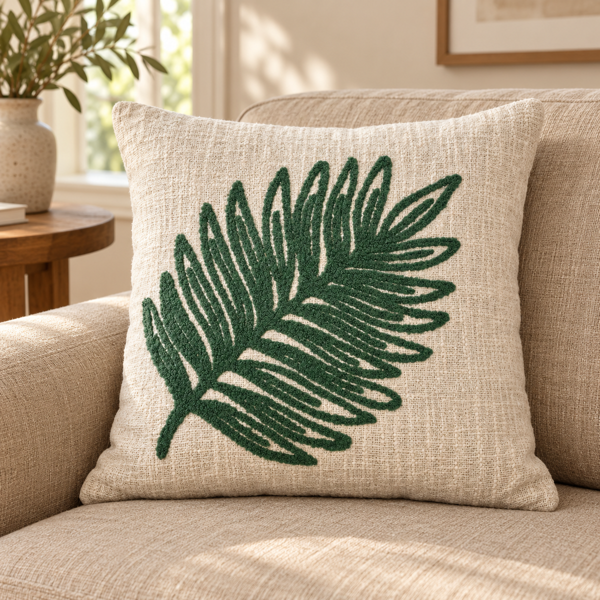 Textured ivory cushion cover with a large embroidered forest green palm leaf, displayed on a filled cushion on a beige sofa.