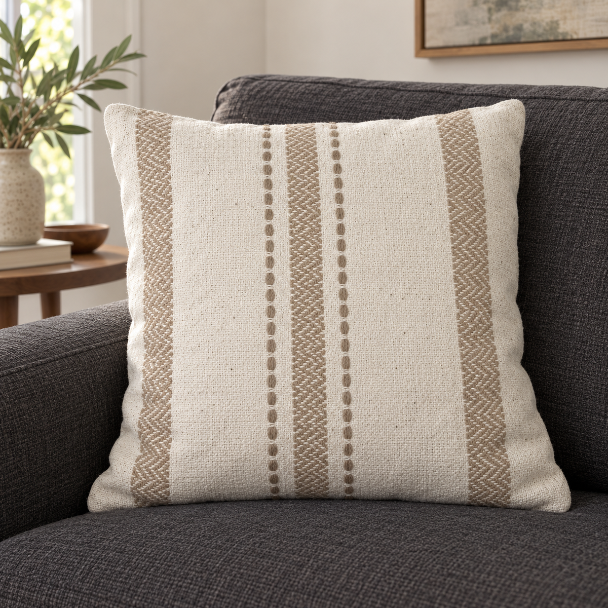 Ivory textured cushion cover with taupe vertical woven stripes and dotted detailing, displayed on a filled cushion on a charcoal sofa.