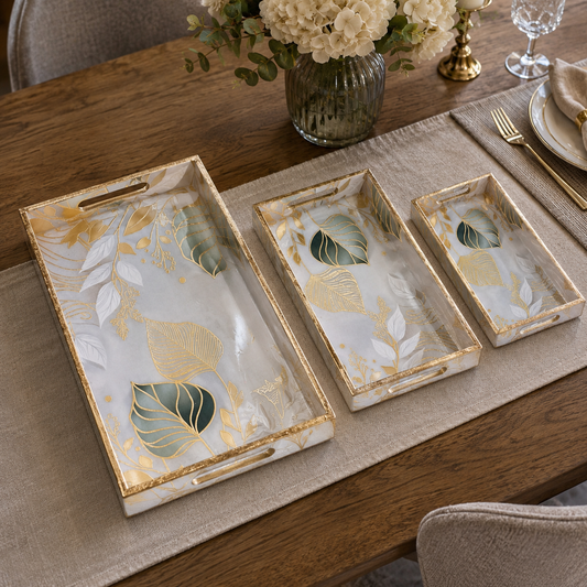 Enamel Coated Set of 3 Serving Trays with Leaf Design – Waterproof Nested Trays