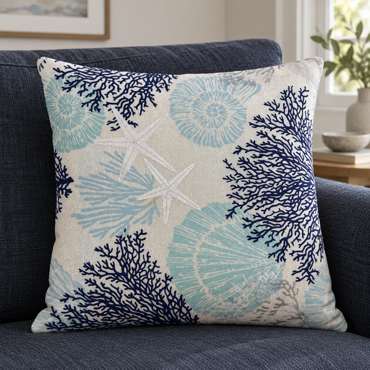 Ivory cushion cover with navy coral branches, pale aqua shell motifs and two white starfish, displayed on a filled cushion on a dark blue sofa.