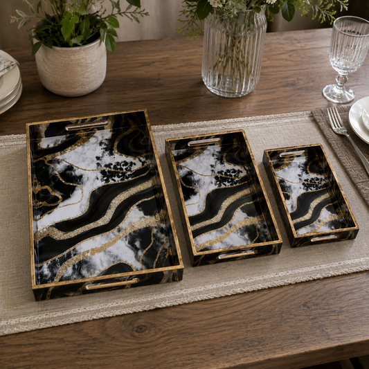 Enamel Coated Set of 3 Serving Trays with Black White Marble Wave Design – Waterproof Nested Trays
